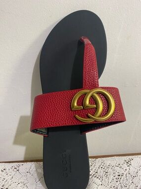 Gucci Red Leather Slide Sandal with Gold Double-G Accent